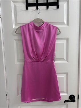 Hemline Satin Mock-Neck Pink Mini Dress — unworn